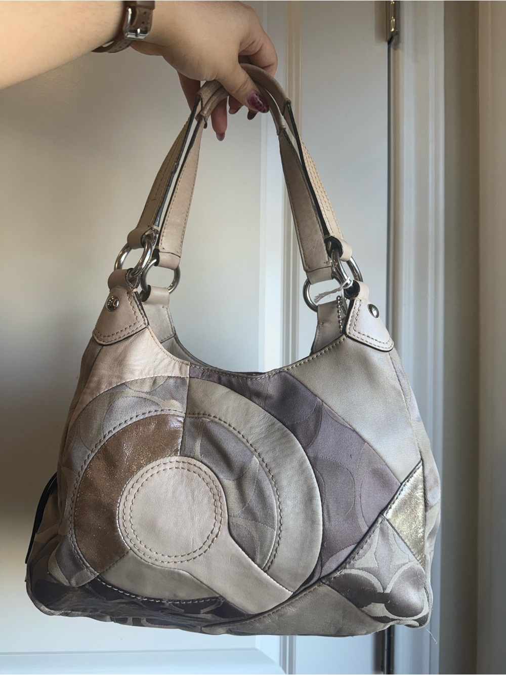 Coach Patchwork Circular-Accent Shoulder Bag in Neutral Tones